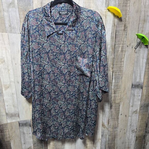 Balenciaga Homewear Mens Navy Paisley Silk Dress Button Down Shirt 43 - Picture 2 of 6